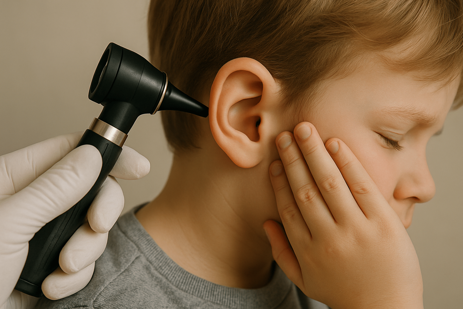 Close-up of a child’s ear being examined by a gloved hand using an otoscope, or a hand cupping the ear to indicate discomfort.