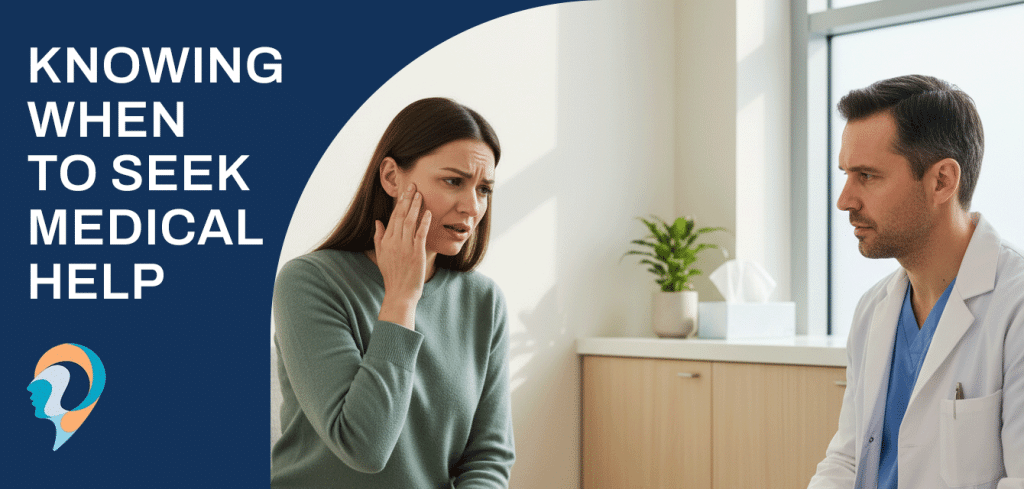 Is sinusitis contagious advice image showing a woman with sinus pain talking to a doctor in a clinic.