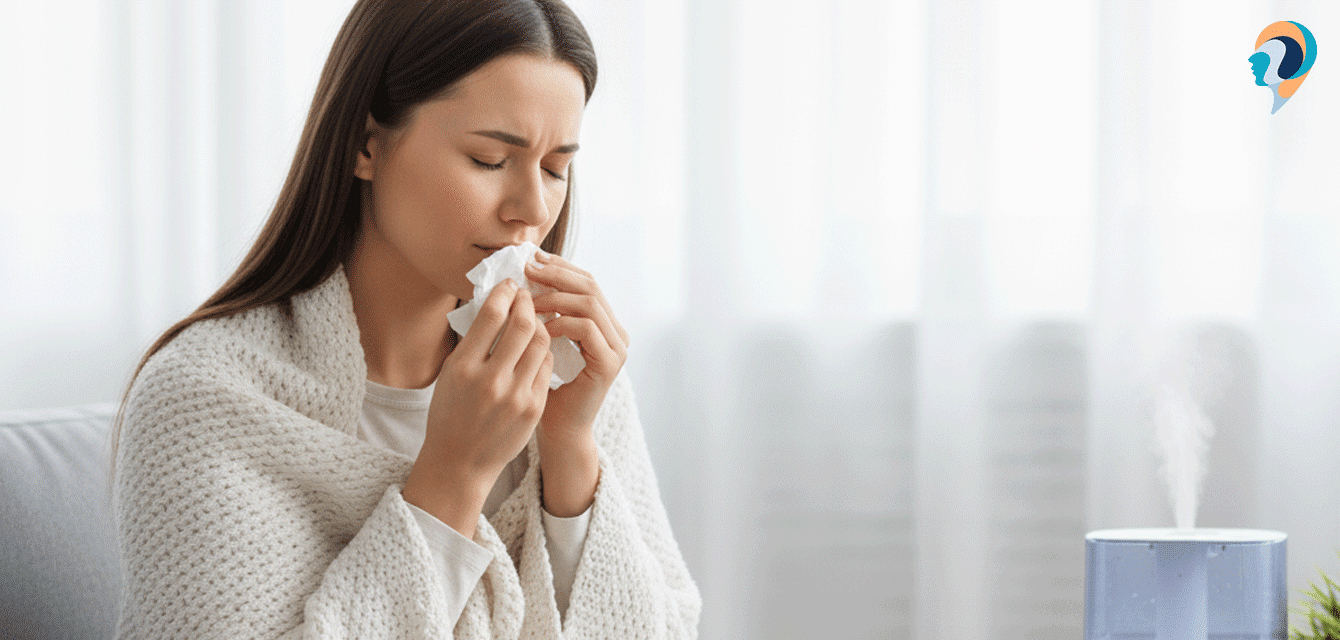 Woman with tissue and humidifier, showing sinus infection symptoms at home.