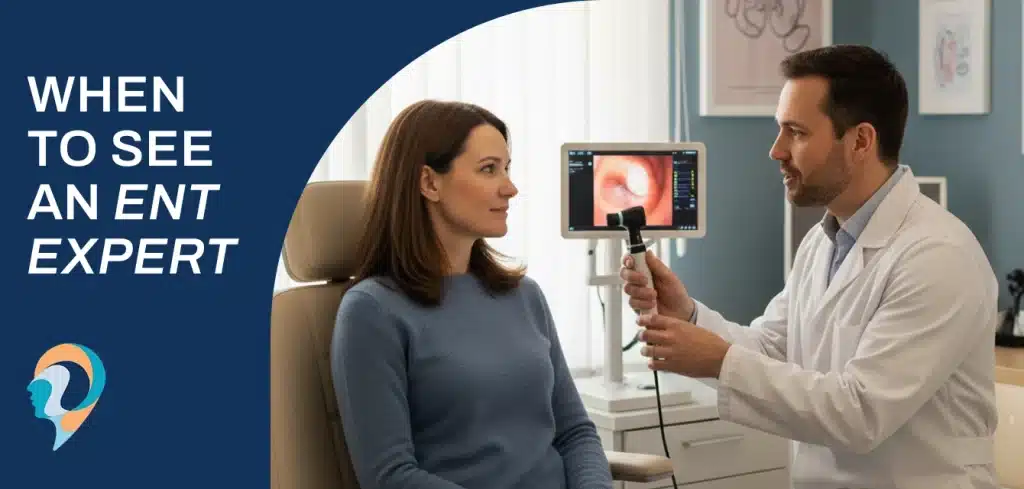 An ENT specialist holding an otoscope during a consultation with a female patient, with a digital screen displaying an ear examination in the background, illustrating the professional diagnostic process for glue ear in adults.
